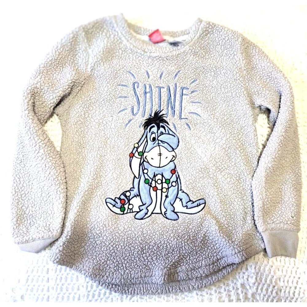 Disney Women's M Gray Sherpa Pile Pullover Eeyore Applique Embroidered "Shine"
